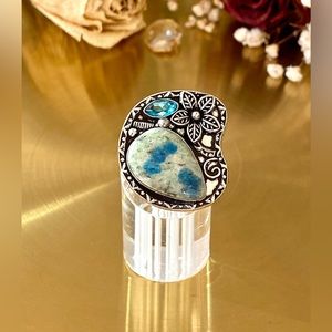 K2 Azurite And Blue Topaz Flower Ring Size 7.75